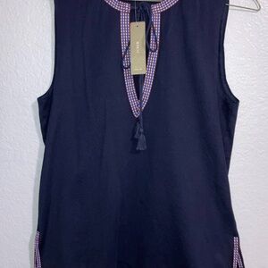J Crew Sleeveless Navy Blue V Neck Tunic Top Split Hem Tassel Ties Boho XXS NWT